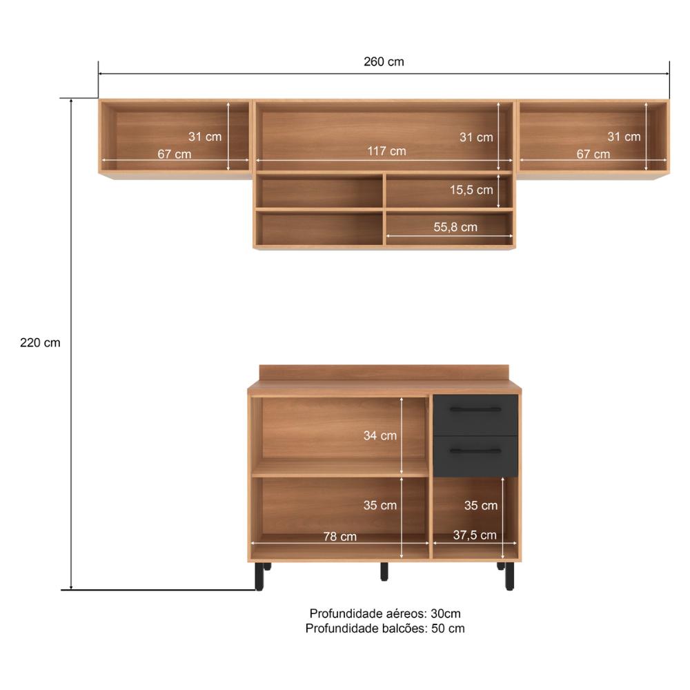 Armário de Cozinha Compacta Modulada 4 Peças com Balcão Havana Multimóveis CR20327 Rovere/Grafite