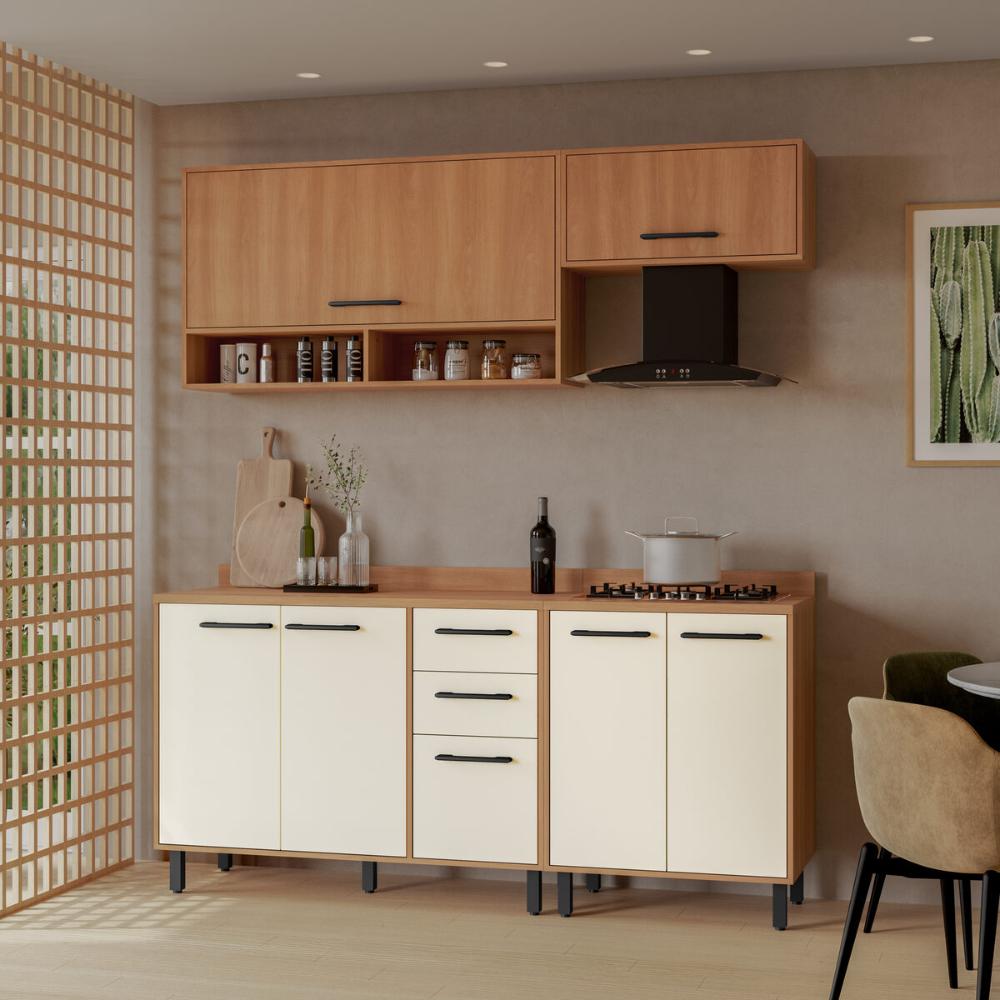 Armário de Cozinha Compacta Modulada 4 Peças com Balcão Havana Multimóveis CR20337 Rovere/Champanhe
