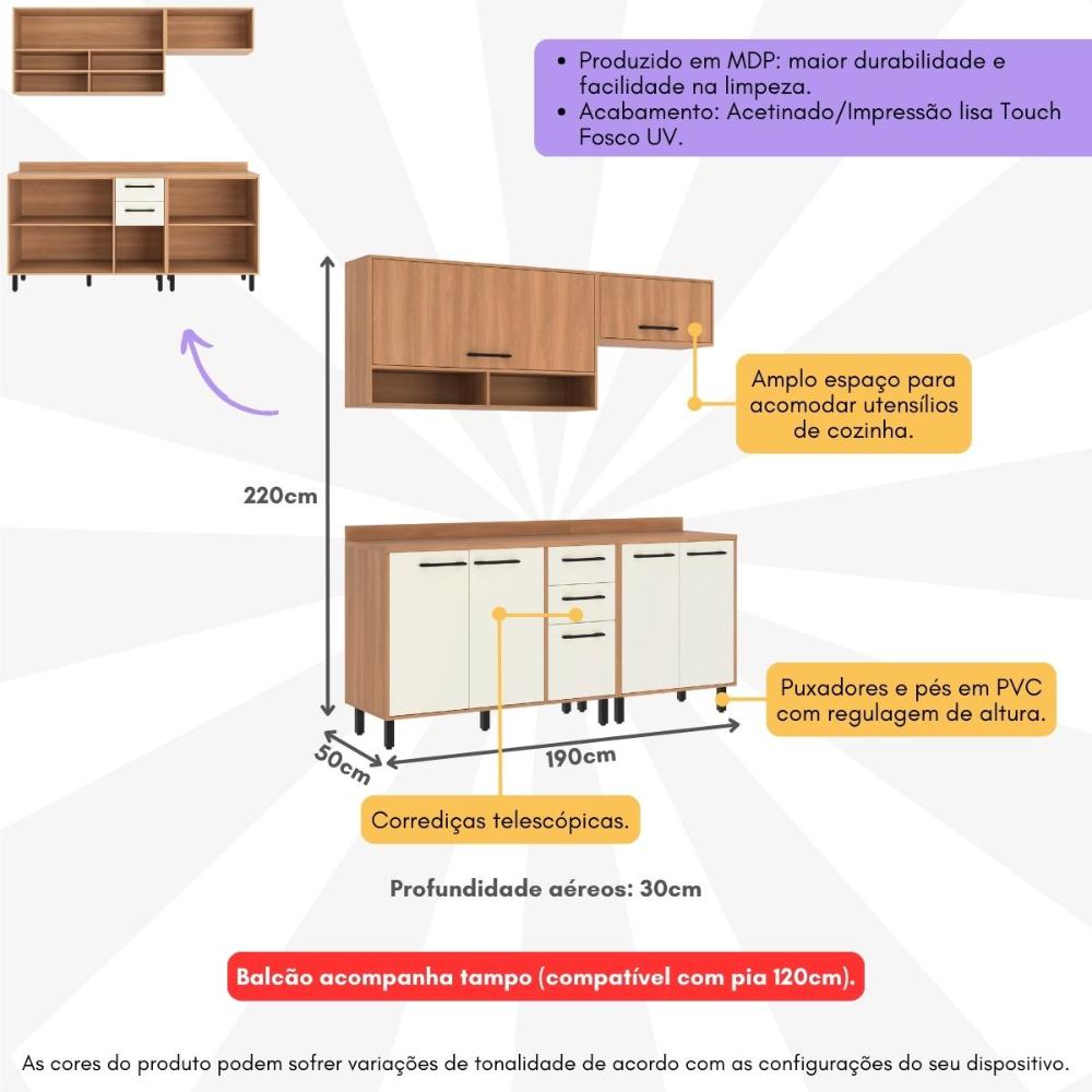 Armário de Cozinha Compacta Modulada 4 Peças com Balcão Havana Multimóveis CR20337 Rovere/Champanhe