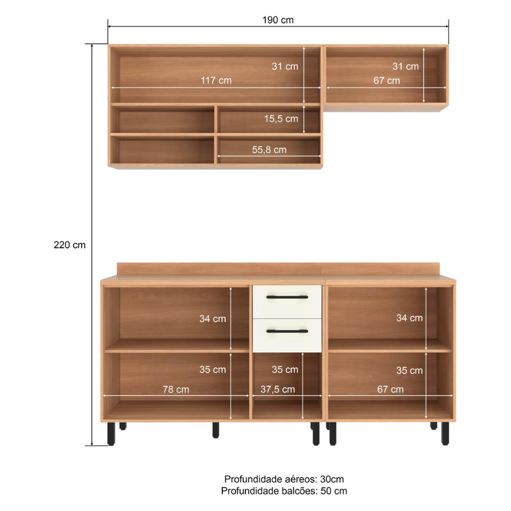 Armário de Cozinha Compacta Modulada 4 Peças com Balcão Havana Multimóveis CR20337 Rovere/Champanhe
