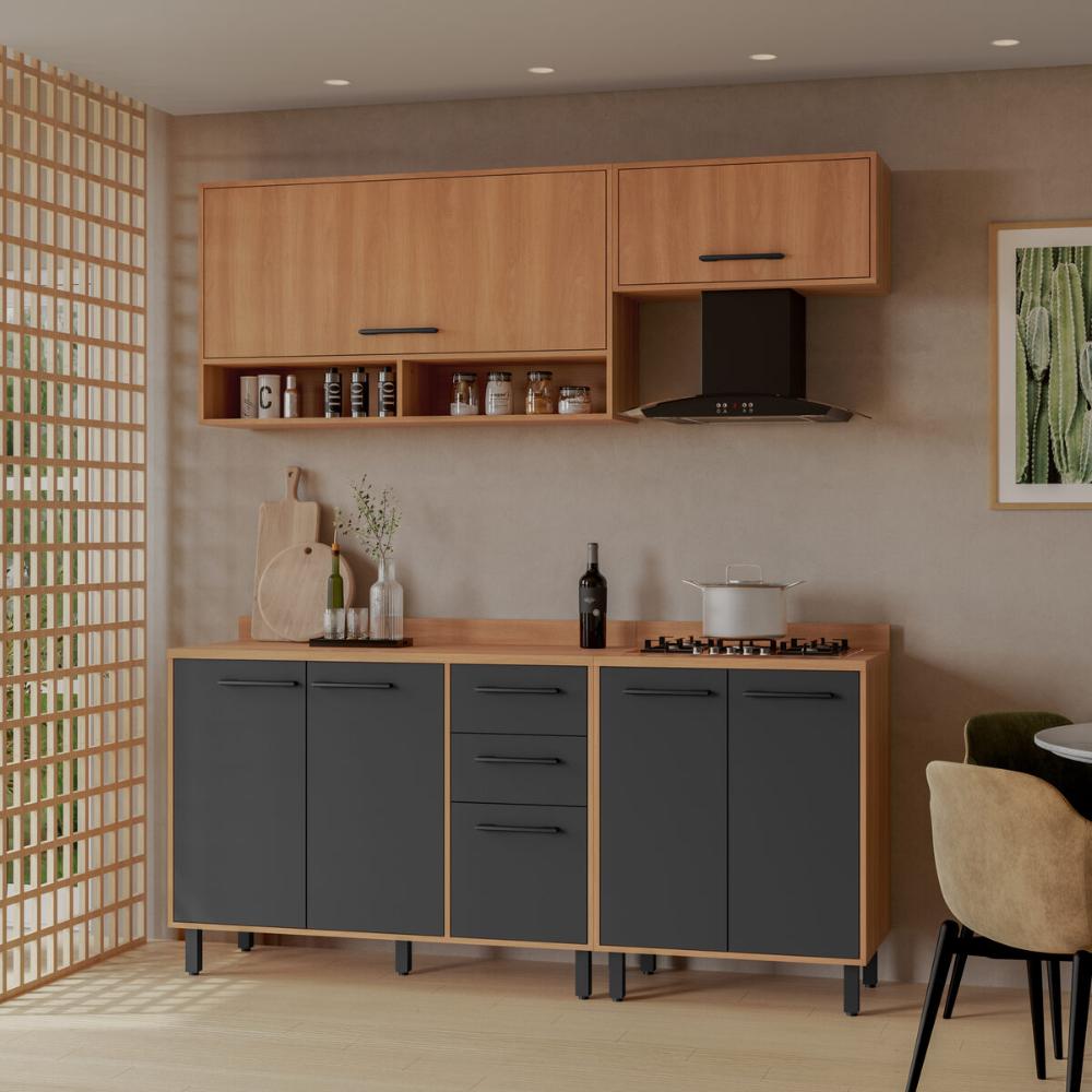 Armário de Cozinha Compacta Modulada 4 Peças com Balcão Havana Multimóveis CR20337 Rovere/Grafite