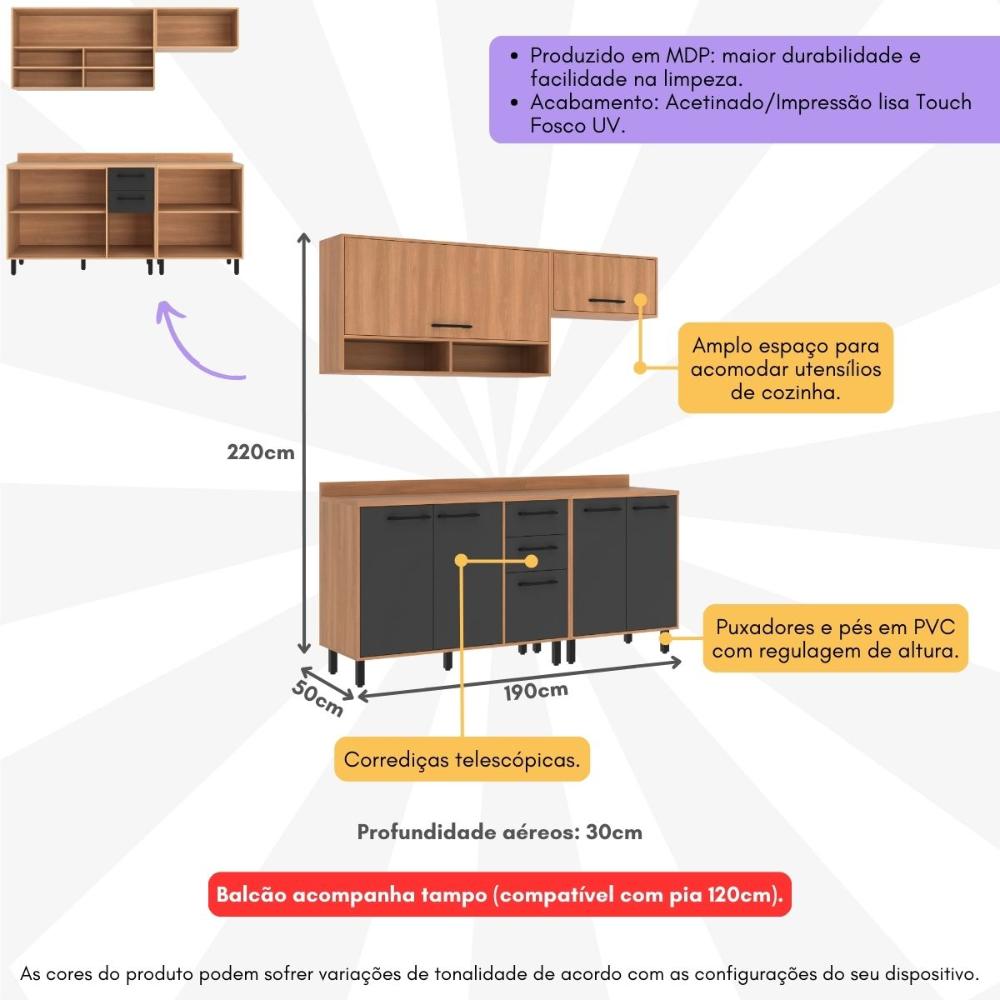 Armário de Cozinha Compacta Modulada 4 Peças com Balcão Havana Multimóveis CR20337 Rovere/Grafite