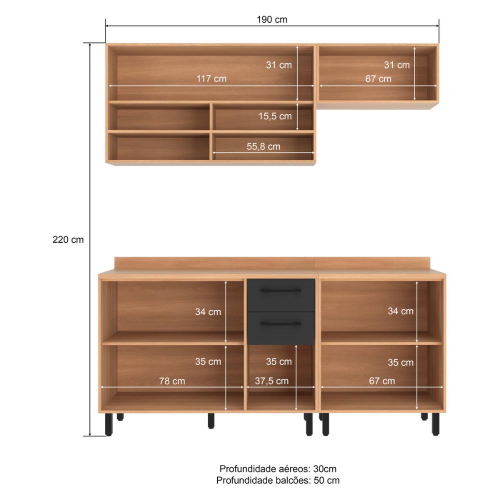 Armário de Cozinha Compacta Modulada 4 Peças com Balcão Havana Multimóveis CR20337 Rovere/Grafite