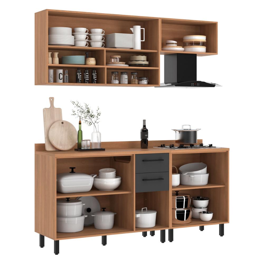 Armário de Cozinha Compacta Modulada 4 Peças com Balcão Havana Multimóveis CR20337 Rovere/Grafite