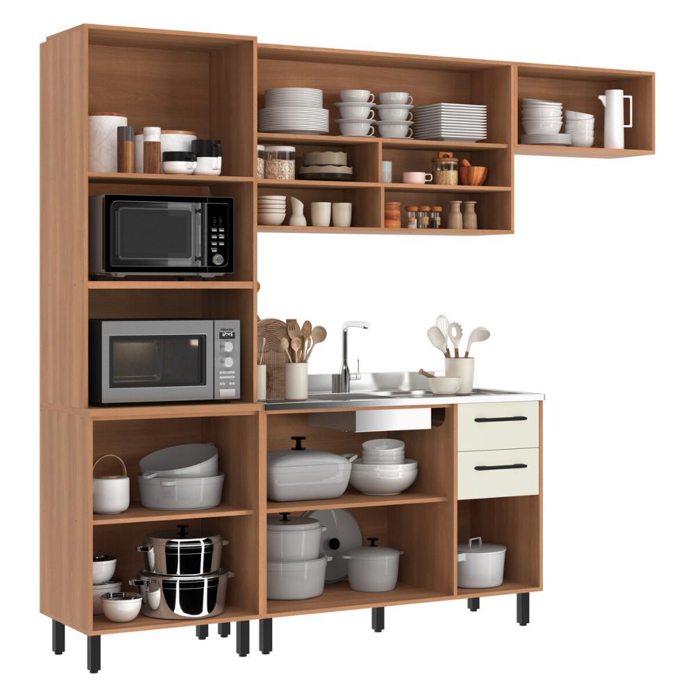 Armário de Cozinha Compacta Modulada 4 Peças com Gabinete Pia Havana Multimóveis CR20321 Rovere/Champanhe