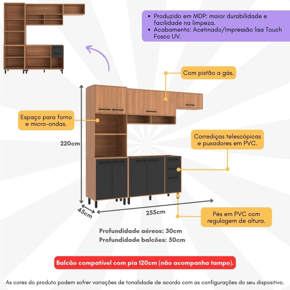 Armário de Cozinha Compacta Modulada 4 Peças com Gabinete Pia Havana Multimóveis CR20321 Rovere/Grafite