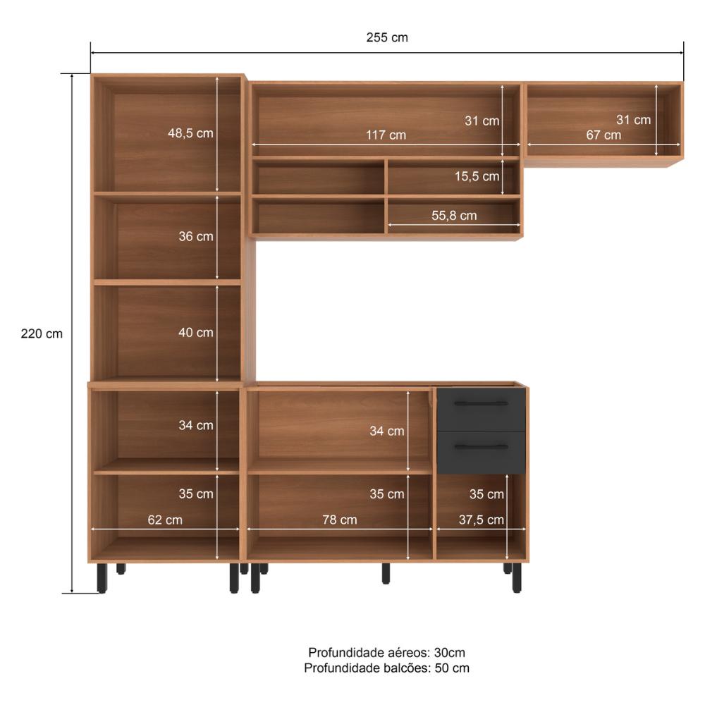 Armário de Cozinha Compacta Modulada 4 Peças com Gabinete Pia Havana Multimóveis CR20321 Rovere/Grafite