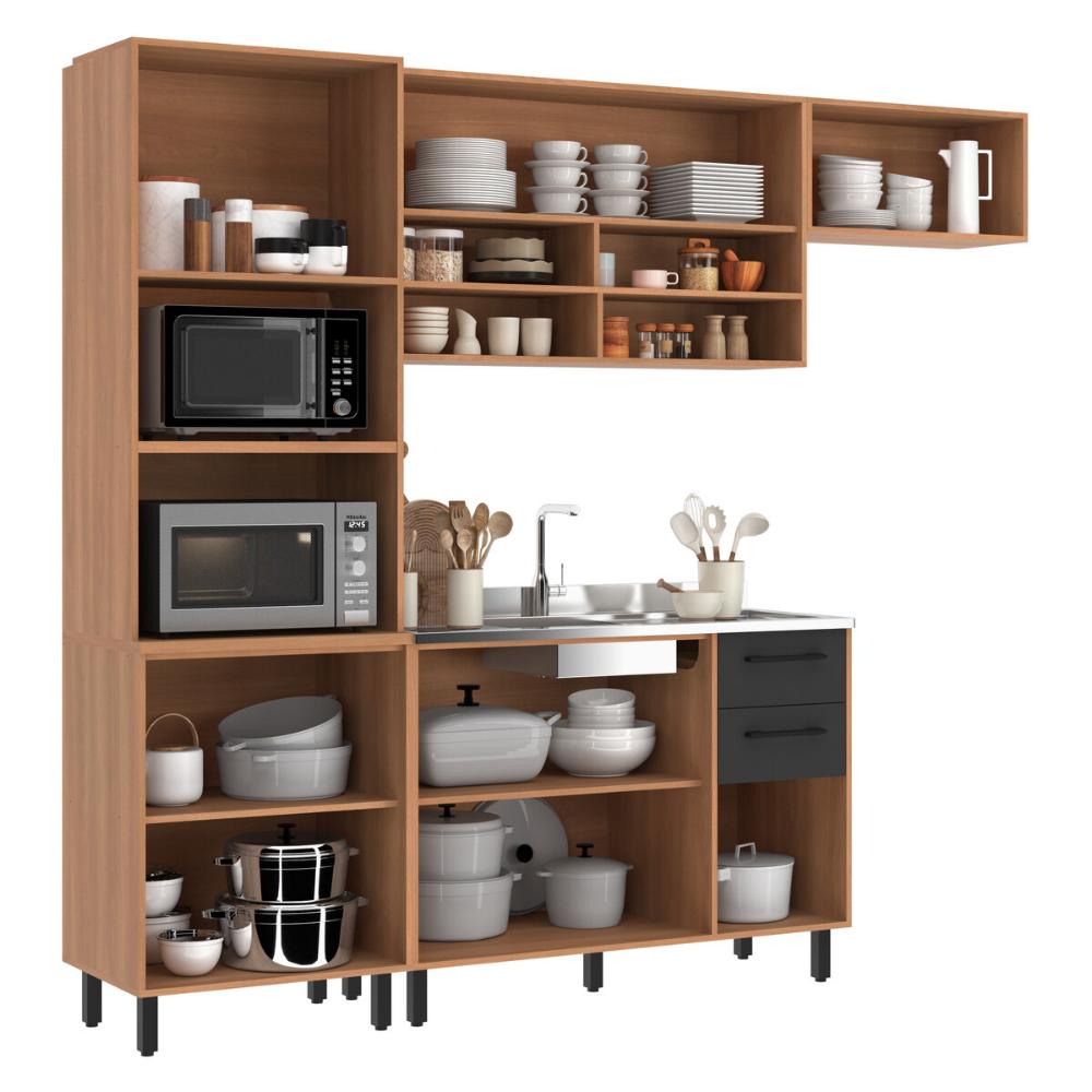 Armário de Cozinha Compacta Modulada 4 Peças com Gabinete Pia Havana Multimóveis CR20321 Rovere/Grafite