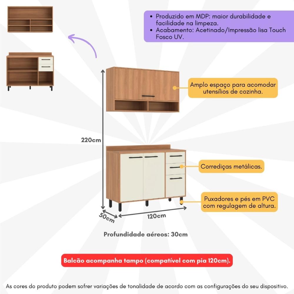 Armário de Cozinha Compacta Modulada com Balcão Havana Multimóveis CR20339 Rovere/Champanhe