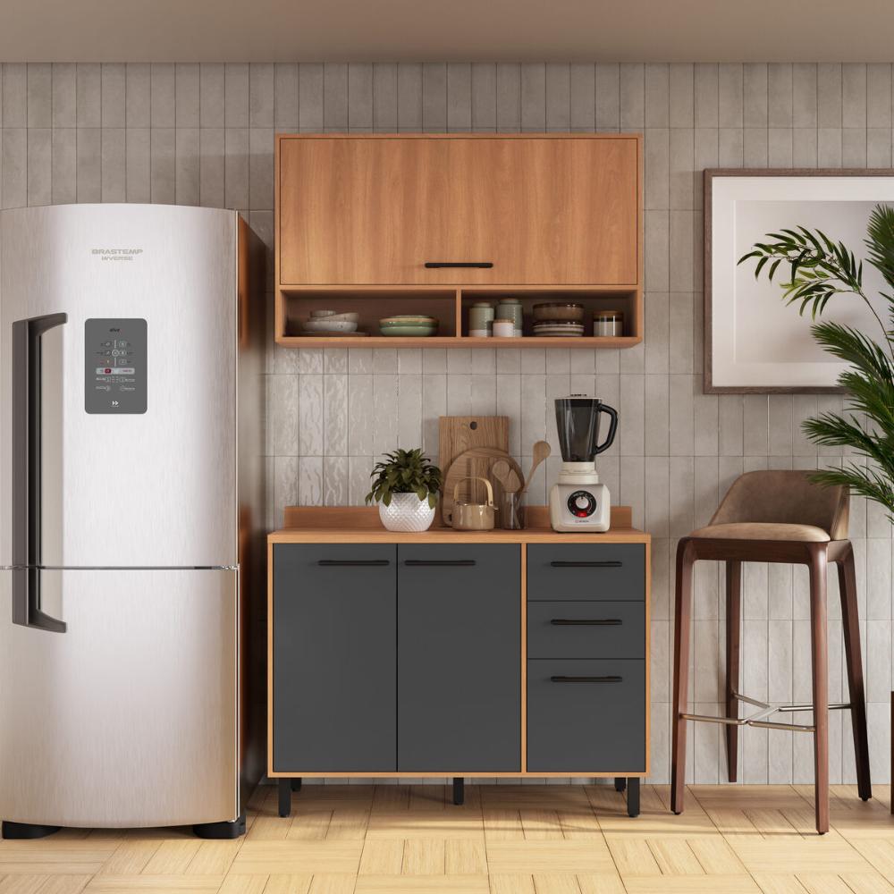 Armário de Cozinha Compacta Modulada com Balcão Havana Multimóveis CR20339 Rovere/Grafite