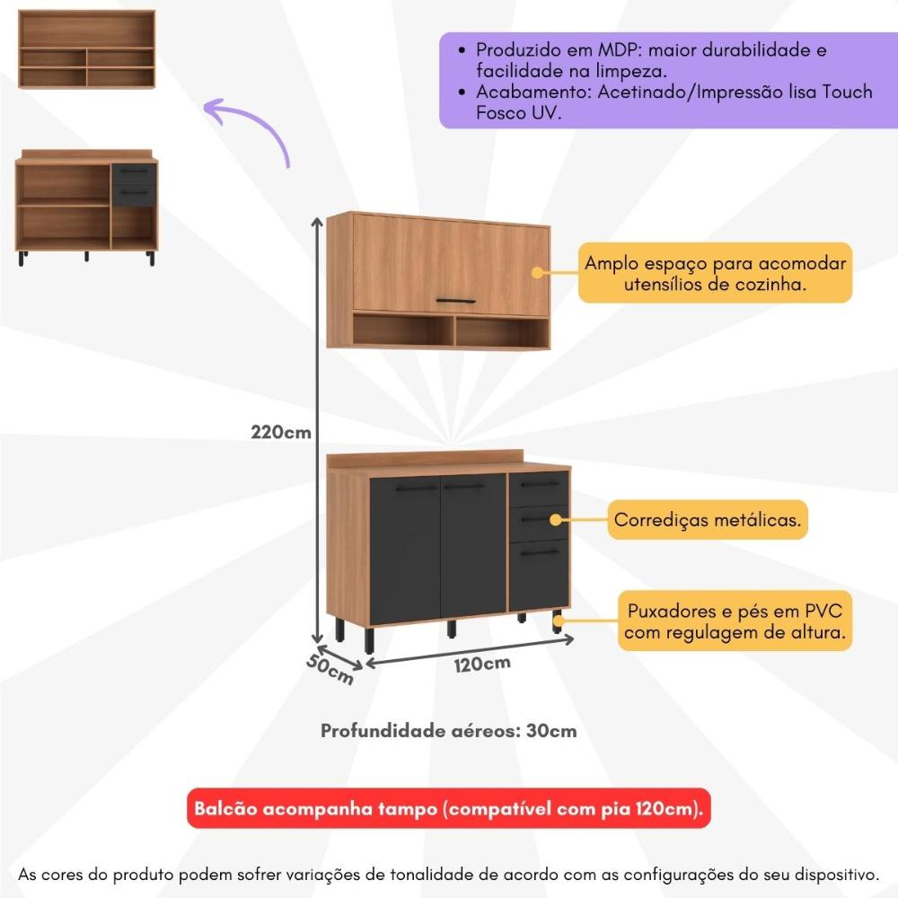 Armário de Cozinha Compacta Modulada com Balcão Havana Multimóveis CR20339 Rovere/Grafite