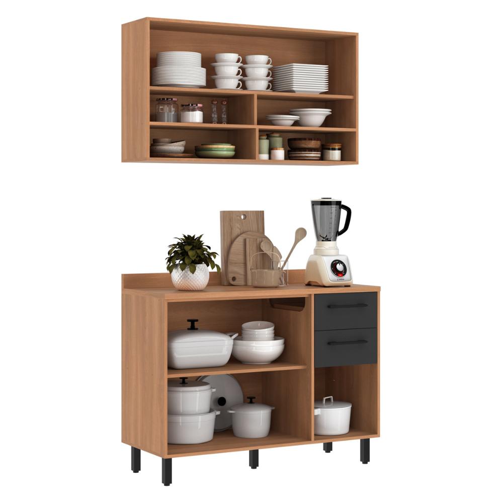 Armário de Cozinha Compacta Modulada com Balcão Havana Multimóveis CR20339 Rovere/Grafite