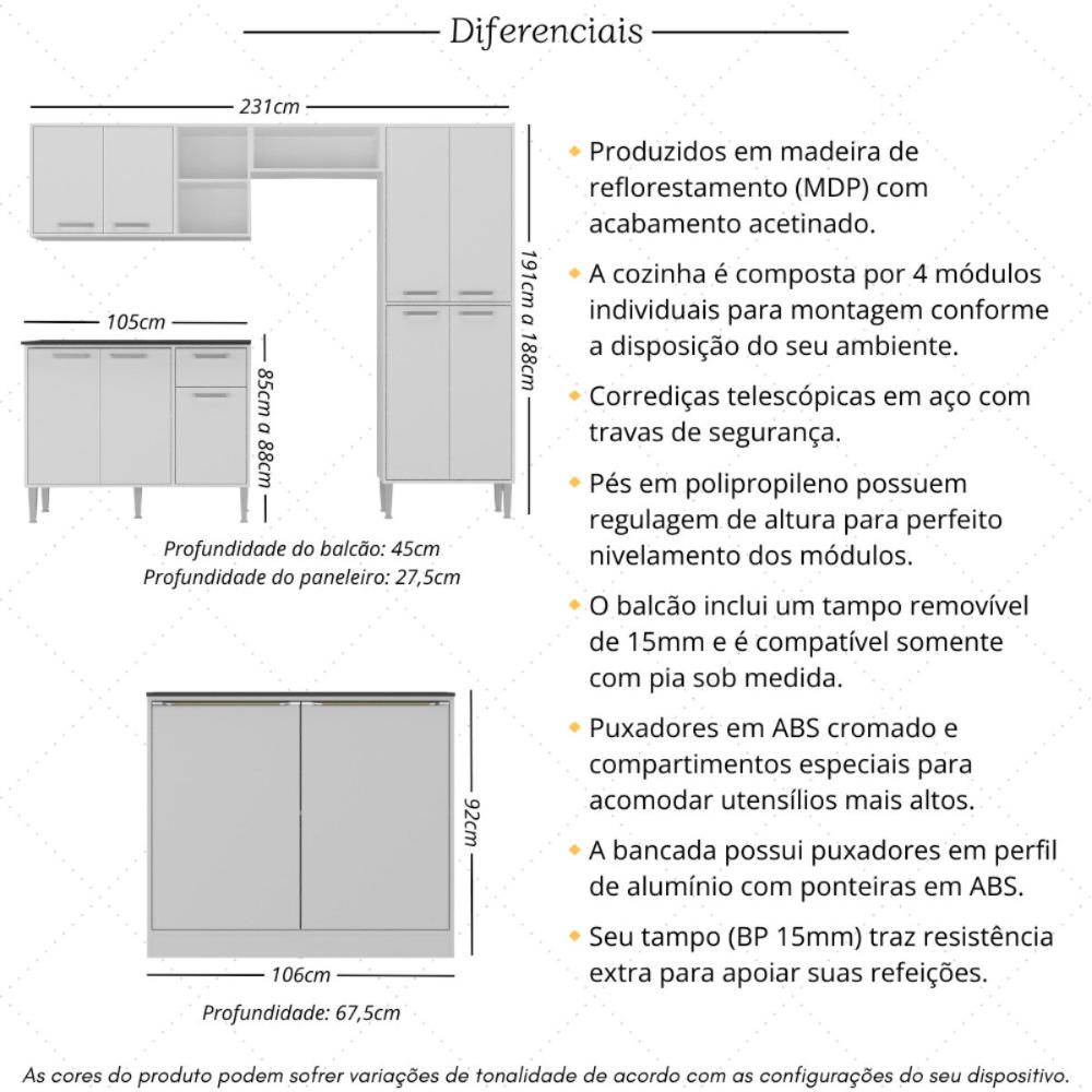 Armário de Cozinha Compacta Modulada com Mesa/Bancada Multimóveis MP2255 Branco