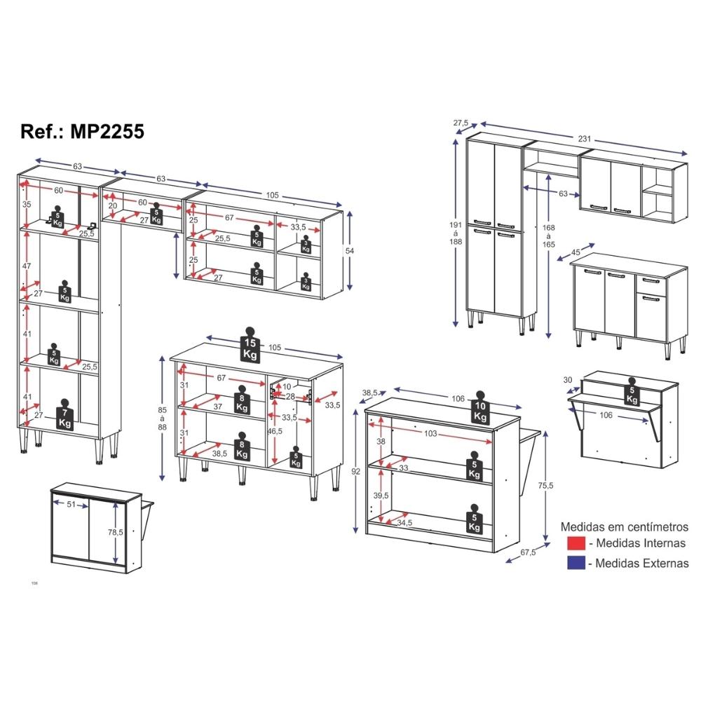 Armário de Cozinha Compacta Modulada com Mesa/Bancada Multimóveis MP2255 Branco