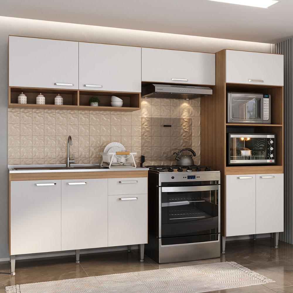 Armário de Cozinha Compacta Modulada com Torre Quente e Gabinete para Pia Paris Multimóveis MP2228 Rustic/Branco