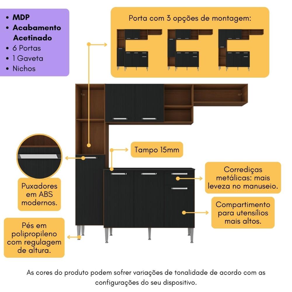 Armário de Cozinha Compacta Smart Multimóveis MP2251 Madeirado/Preto