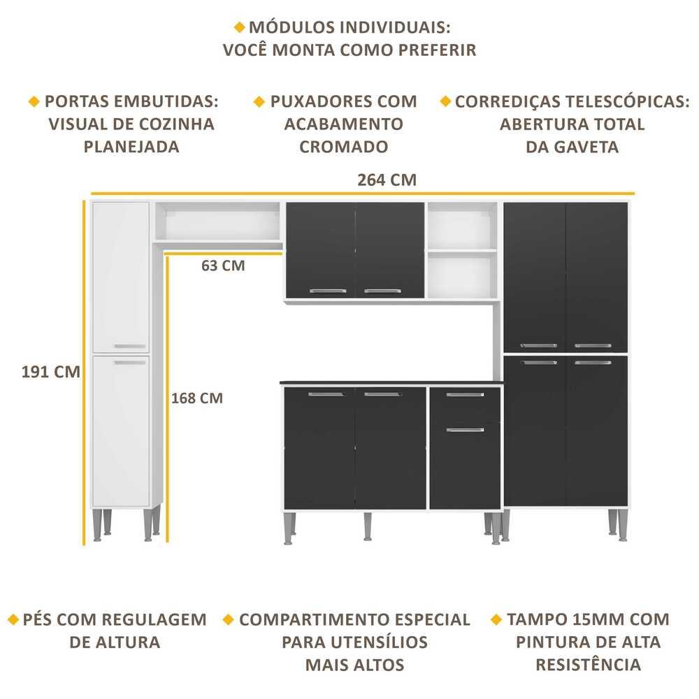 Armário de Cozinha Compacta Xangai Classic Multimóveis Branco/Preto