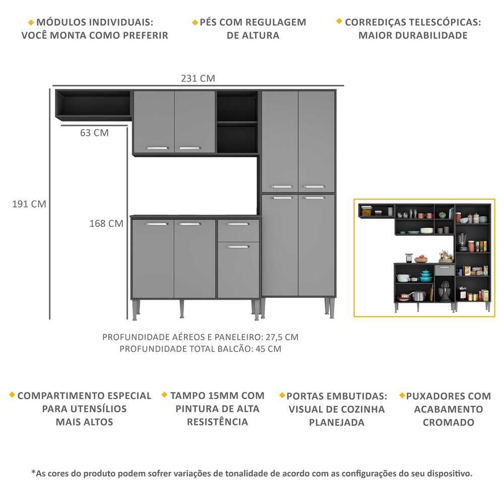 Armário de Cozinha Compacta Xangai Multimóveis V2840 Preto/Grafite