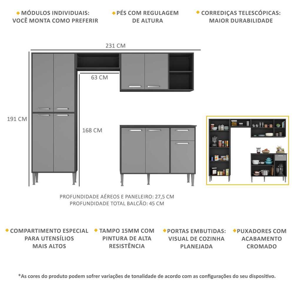 Armário de Cozinha Compacta Xangai Multimóveis VM2840 Preto/Grafite