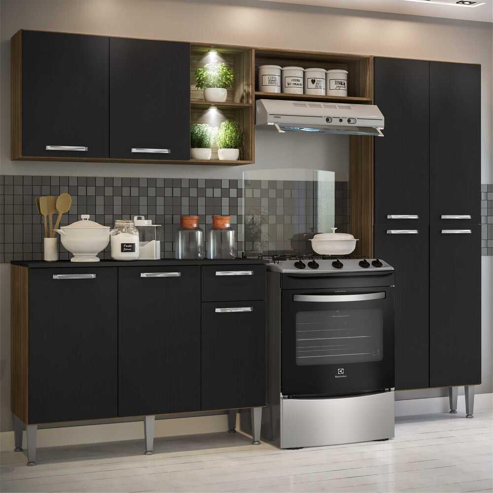 Armário de Cozinha Compacta c/ 2 Leds 3 pçs Pequim Multimóveis V3412 Nogueira/Preto
