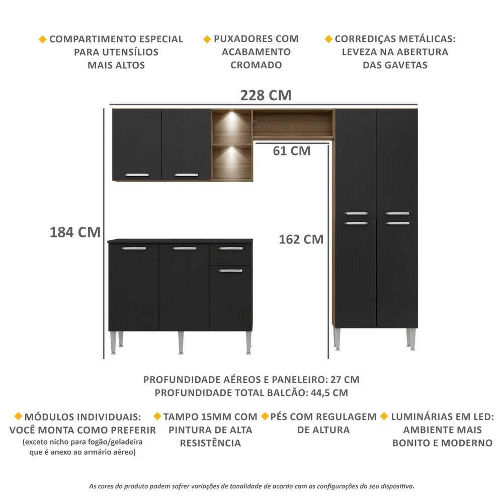Armário de Cozinha Compacta c/ 2 Leds 3 pçs Pequim Multimóveis V3412 Nogueira/Preto