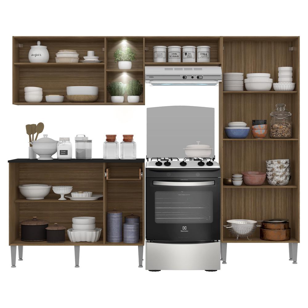 Armário de Cozinha Compacta c/ 2 Leds 3 pçs Pequim Multimóveis V3412 Nogueira/Preto