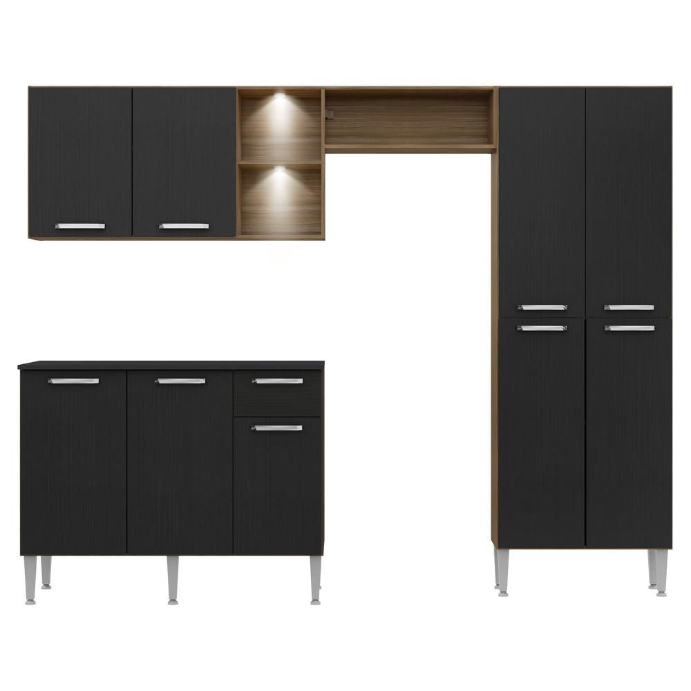 Armário de Cozinha Compacta c/ 2 Leds 3 pçs Pequim Multimóveis V3412 Nogueira/Preto