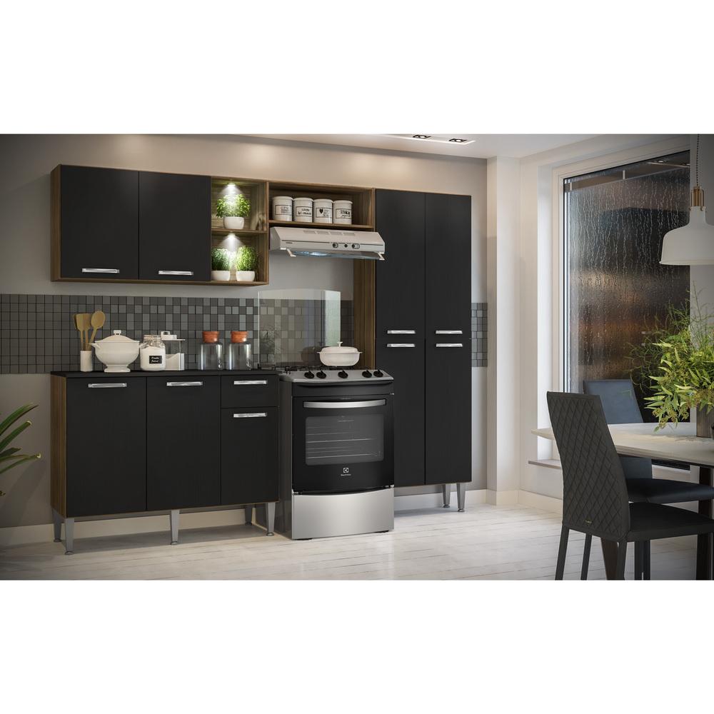 Armário de Cozinha Compacta c/ 2 Leds 3 pçs Pequim Multimóveis V3412 Nogueira/Preto