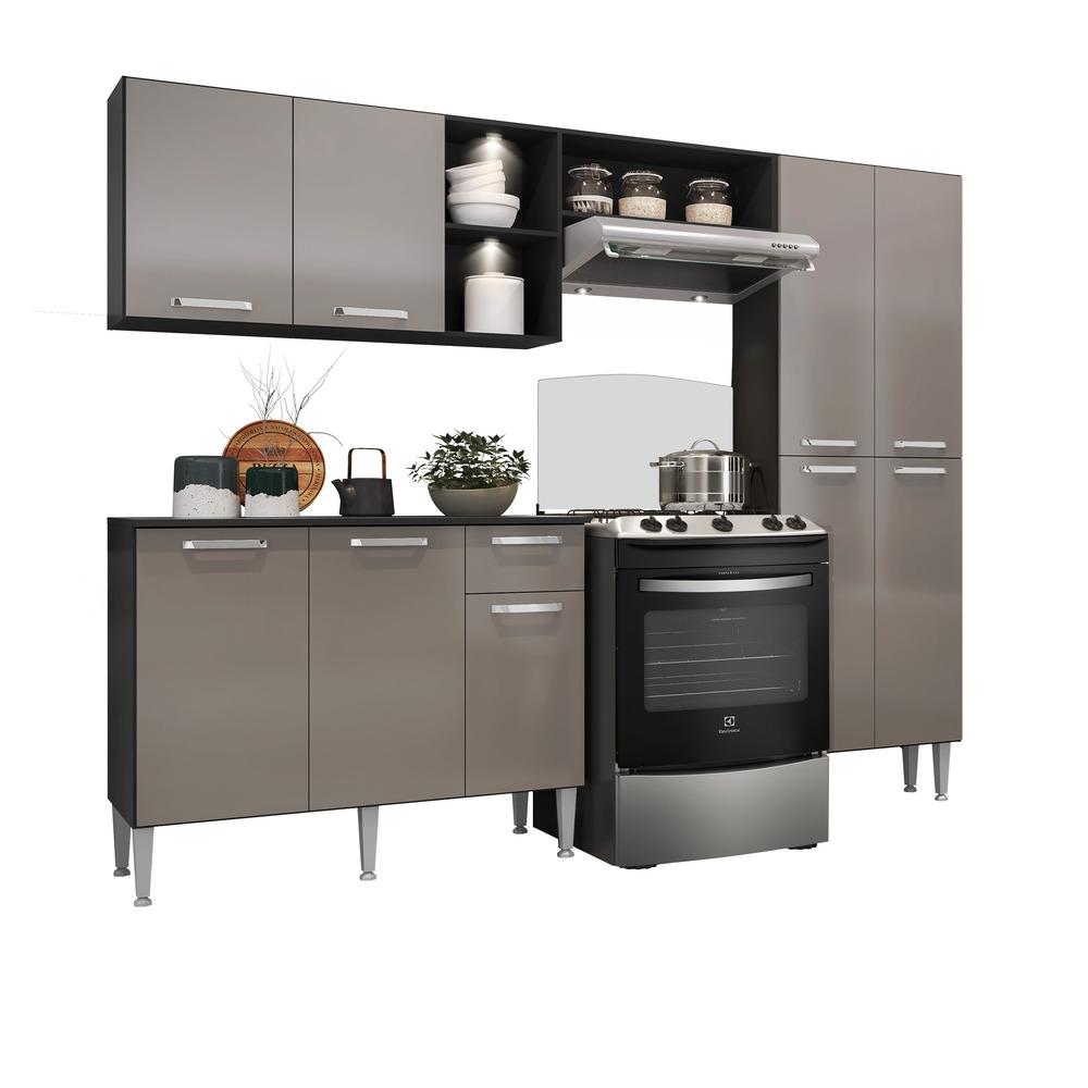 Armário de Cozinha Compacta c/ 2 Leds 3 pçs Pequim Multimóveis V3412 Preto/Lacca Fumê
