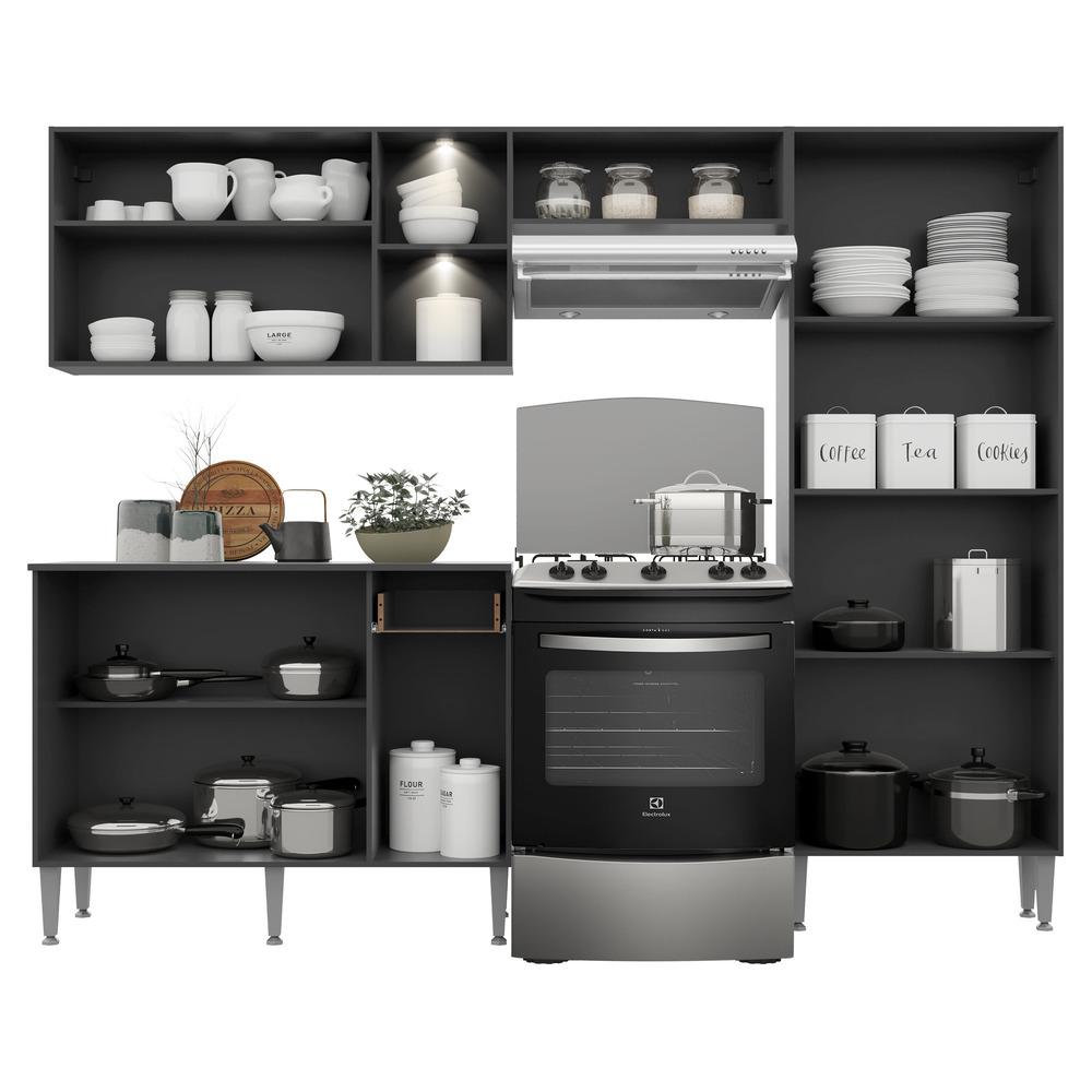 Armário de Cozinha Compacta c/ 2 Leds 3 pçs Pequim Multimóveis V3412 Preto/Lacca Fumê