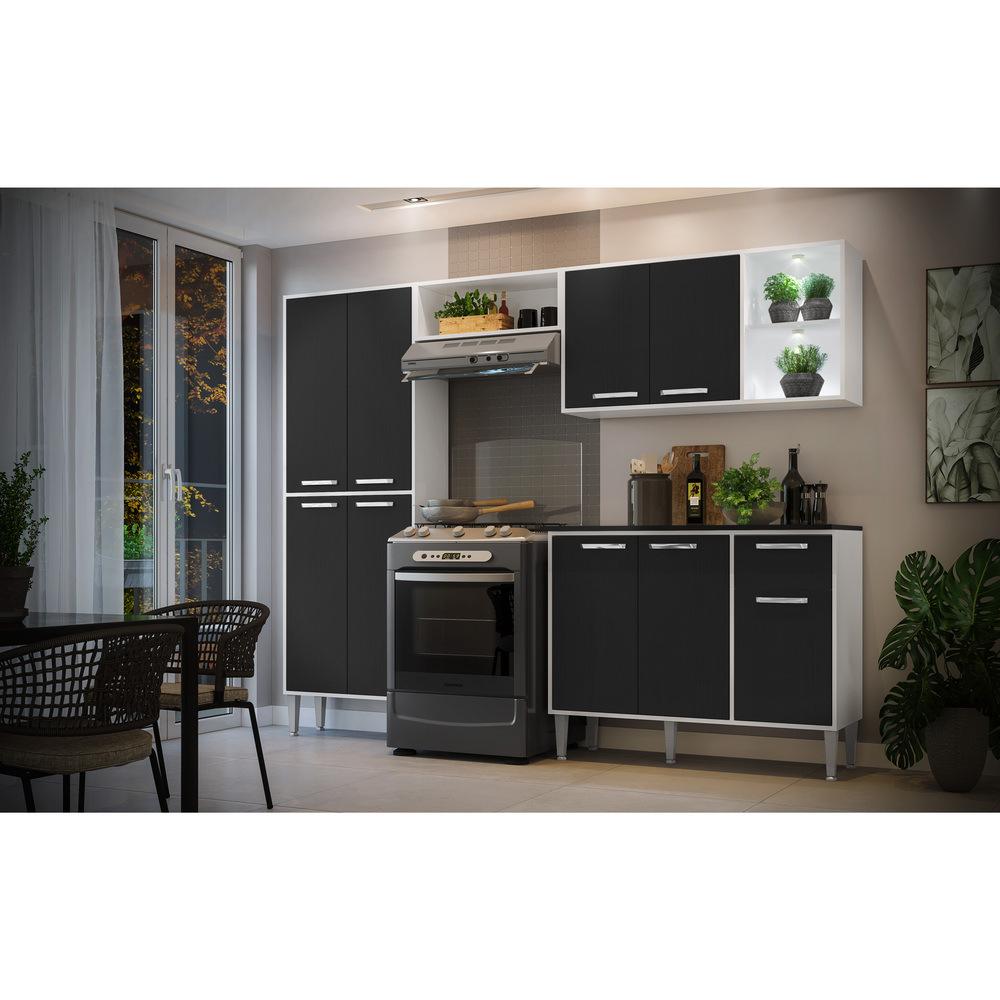 Armário de Cozinha Compacta c/ 2 Leds 4 pçs Xangai Multimóveis V3414 Branco/Preto