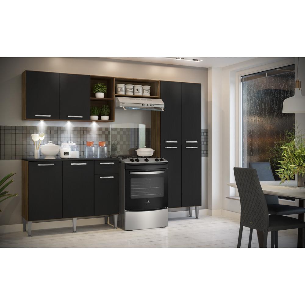 Armário de Cozinha Compacta c/ 3 Leds 3 pçs Pequim Multimóveis V3413 Nogueira/Preto