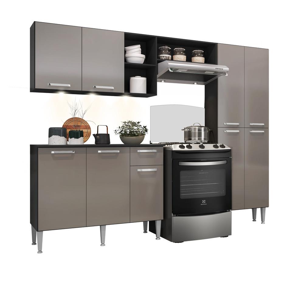 Armário de Cozinha Compacta c/ 3 Leds 3 pçs Pequim Multimóveis V3413 Preto/Lacca Fumê