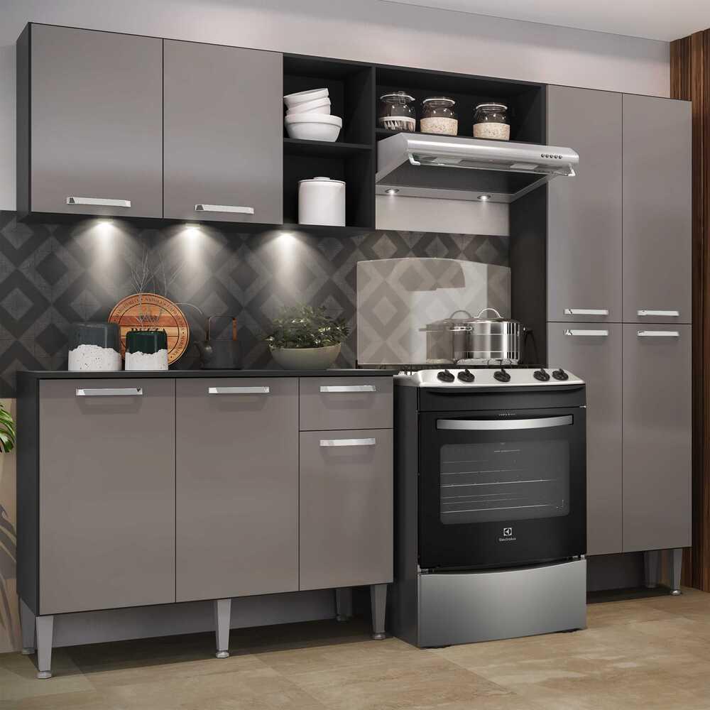 Armário de Cozinha Compacta c/ 3 Leds 3 pçs Pequim Multimóveis V3413 Preto/Lacca Fumê