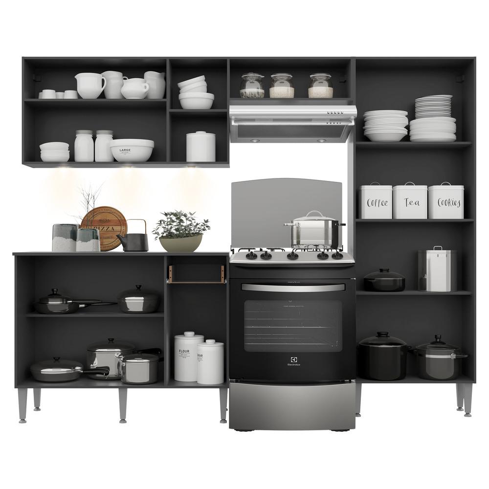 Armário de Cozinha Compacta c/ 3 Leds 3 pçs Pequim Multimóveis V3413 Preto/Lacca Fumê