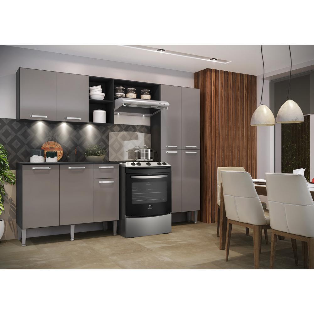 Armário de Cozinha Compacta c/ 3 Leds 3 pçs Pequim Multimóveis V3413 Preto/Lacca Fumê