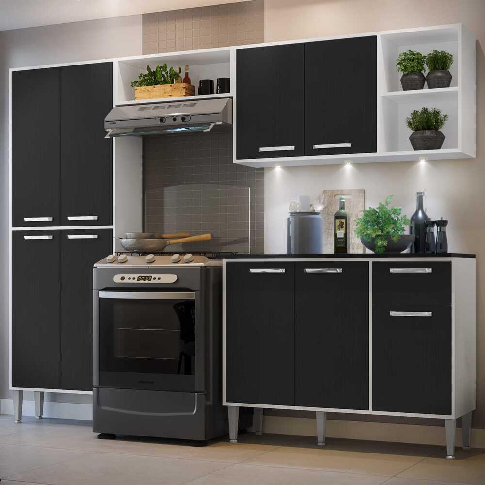 Armário de Cozinha Compacta c/ 3 Leds 4 pçs Xangai Multimóveis V3415 Branco/Preto