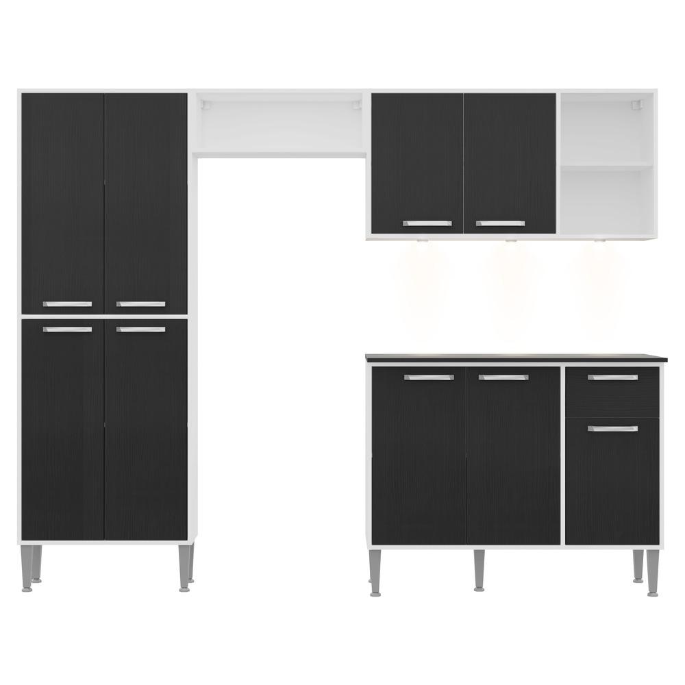 Armário de Cozinha Compacta c/ 3 Leds 4 pçs Xangai Multimóveis V3415 Branco/Preto