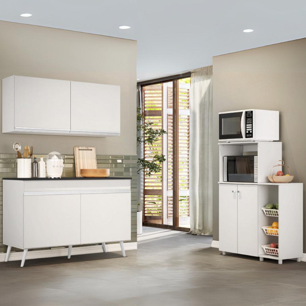 Armário de Cozinha Compacta c/ Gabinete Pia e Balcão para Forno e Micro-ondas Multimóveis MP2254 Bco
