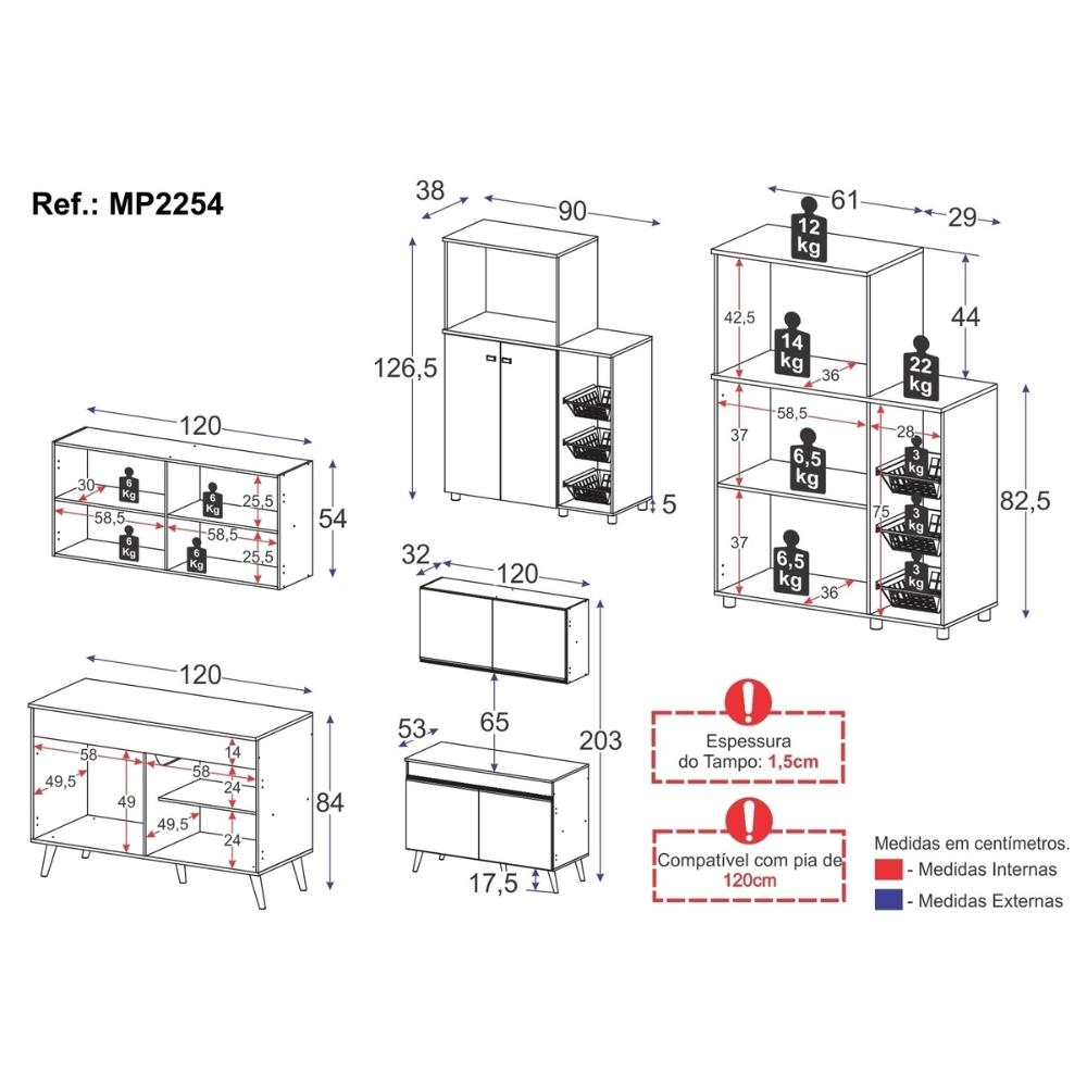 Armário de Cozinha Compacta c/ Gabinete Pia e Balcão para Forno e Micro-ondas Multimóveis MP2254 Bco