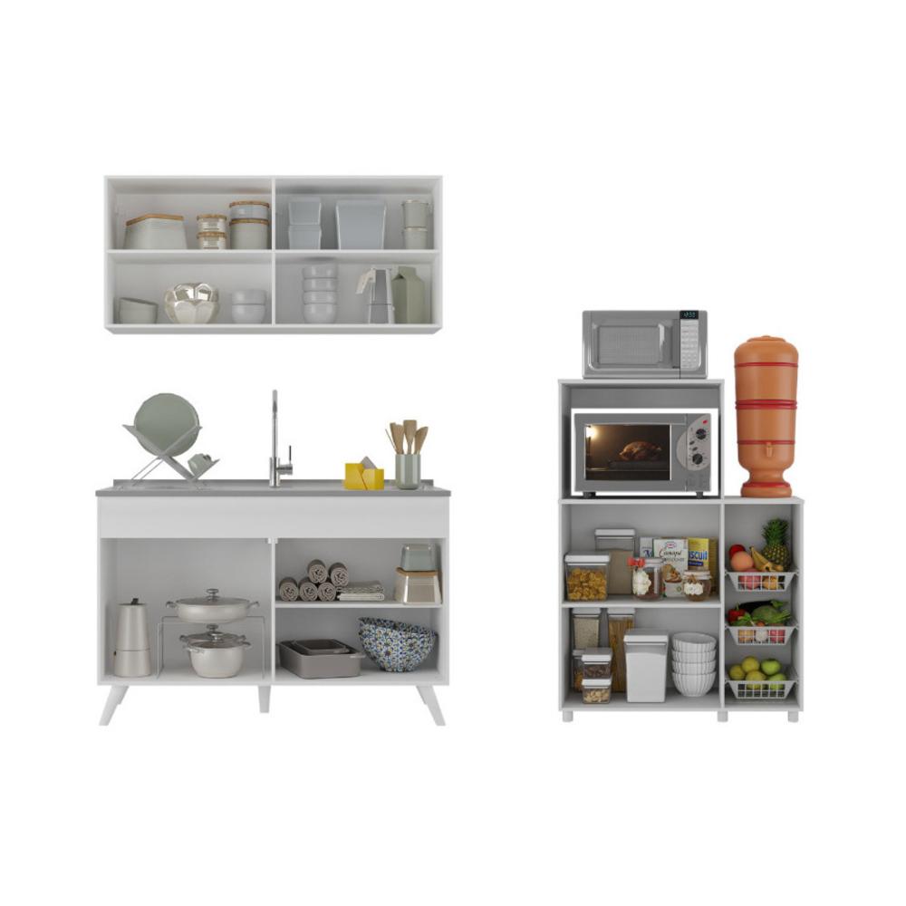 Armário de Cozinha Compacta c/ Gabinete Pia e Balcão para Forno e Micro-ondas Multimóveis MP2254 Bco