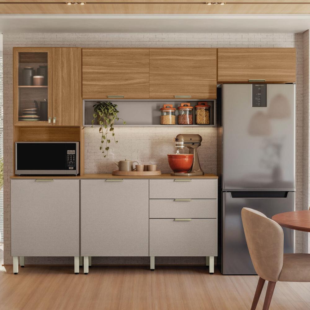 Armário de Cozinha Compacta com Balcão 250cm 4 Pçs Multimóveis CR20467 Amêndola/Nude Prime TX