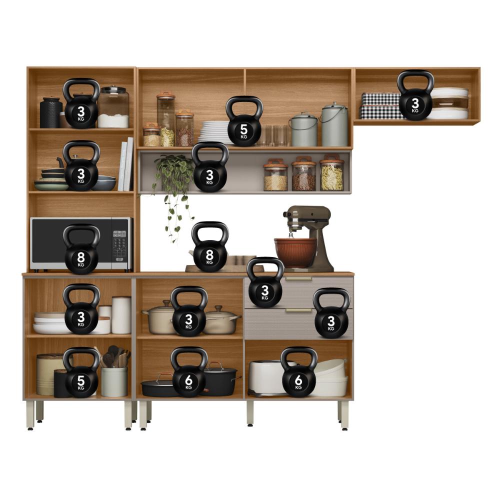 Armário de Cozinha Compacta com Balcão 250cm 4 Pçs Multimóveis CR20467 Amêndola/Nude Prime TX