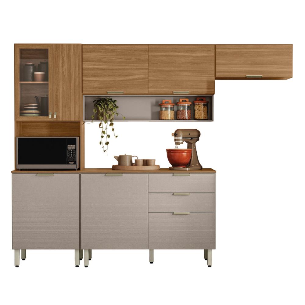 Armário de Cozinha Compacta com Balcão 250cm 4 Pçs Multimóveis CR20467 Amêndola/Nude Prime TX