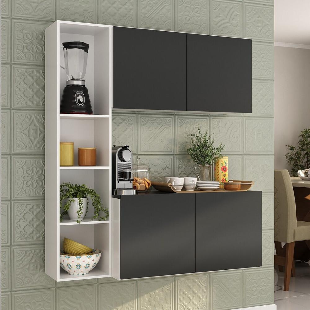 Armário de Cozinha Compacta com Balcão Linea Fit 4 Portas Multimóveis MP2218 Branco/Preto