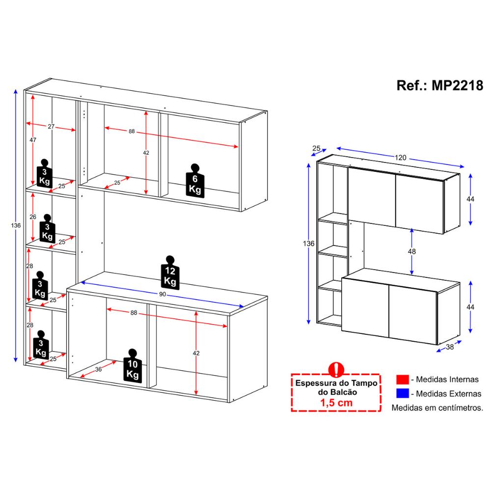 Armário de Cozinha Compacta com Balcão Linea Fit 4 Portas Multimóveis MP2218 Branco/Preto