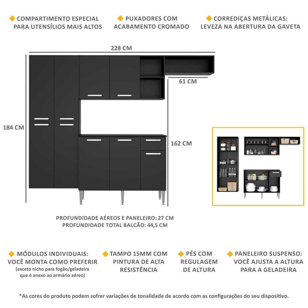 Armário de Cozinha Compacta com Balcão Pequim Sun Multimóveis V3000 Preto