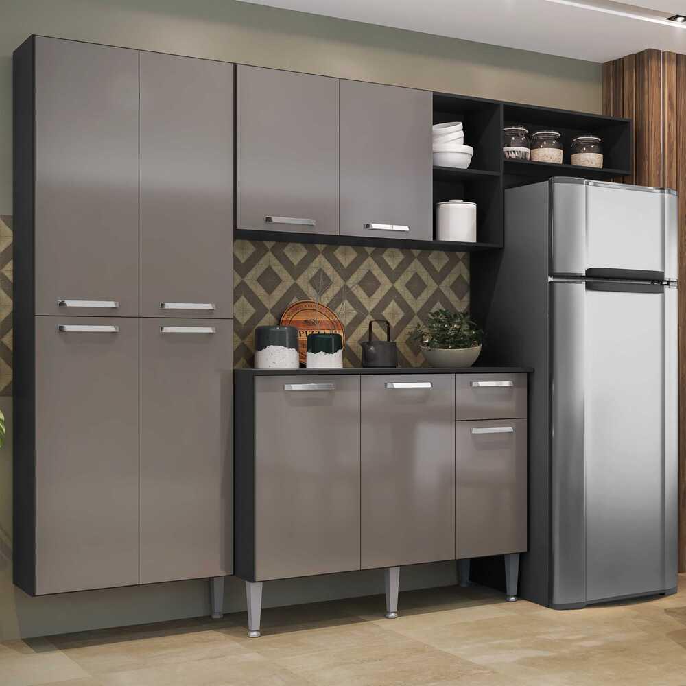 Armário de Cozinha Compacta com Balcão Pequim Sun Multimóveis V3000 Preto/Lacca Fumê