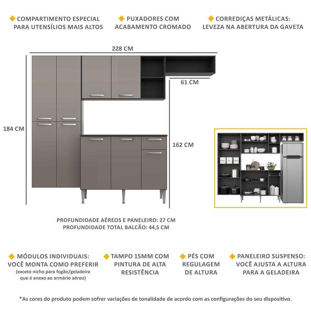 Armário de Cozinha Compacta com Balcão Pequim Sun Multimóveis V3000 Preto/Lacca Fumê
