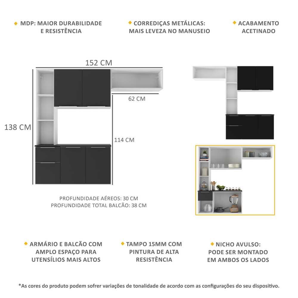 Armário de Cozinha Compacta com Balcão Sofia Multimóveis V2001 Branco/Preto